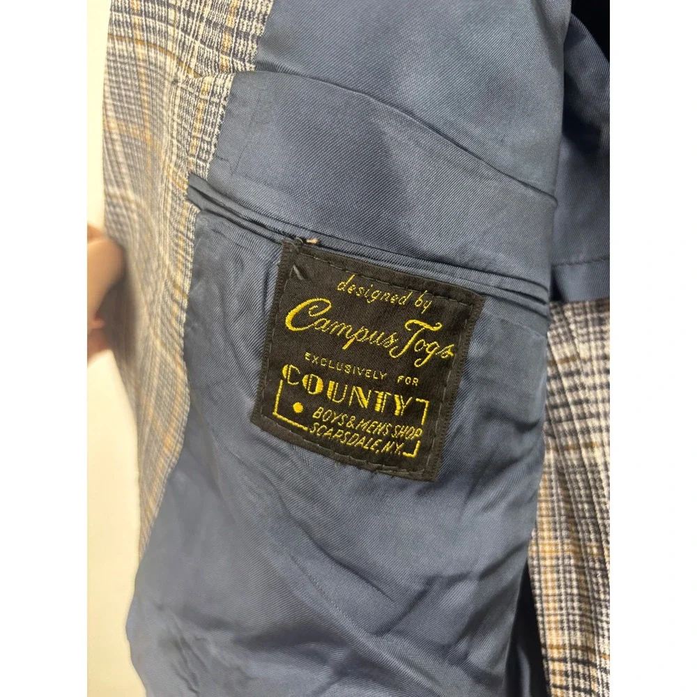 Vintage Campus Togs Glen Plaid Blazer Blue Grey Tan Men Sport Coat Scarsdale XXL